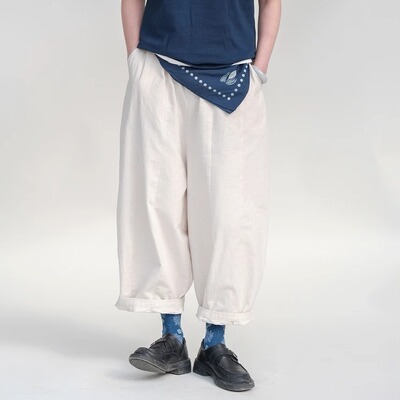 远家棉麻拼接八分裤灯笼裤