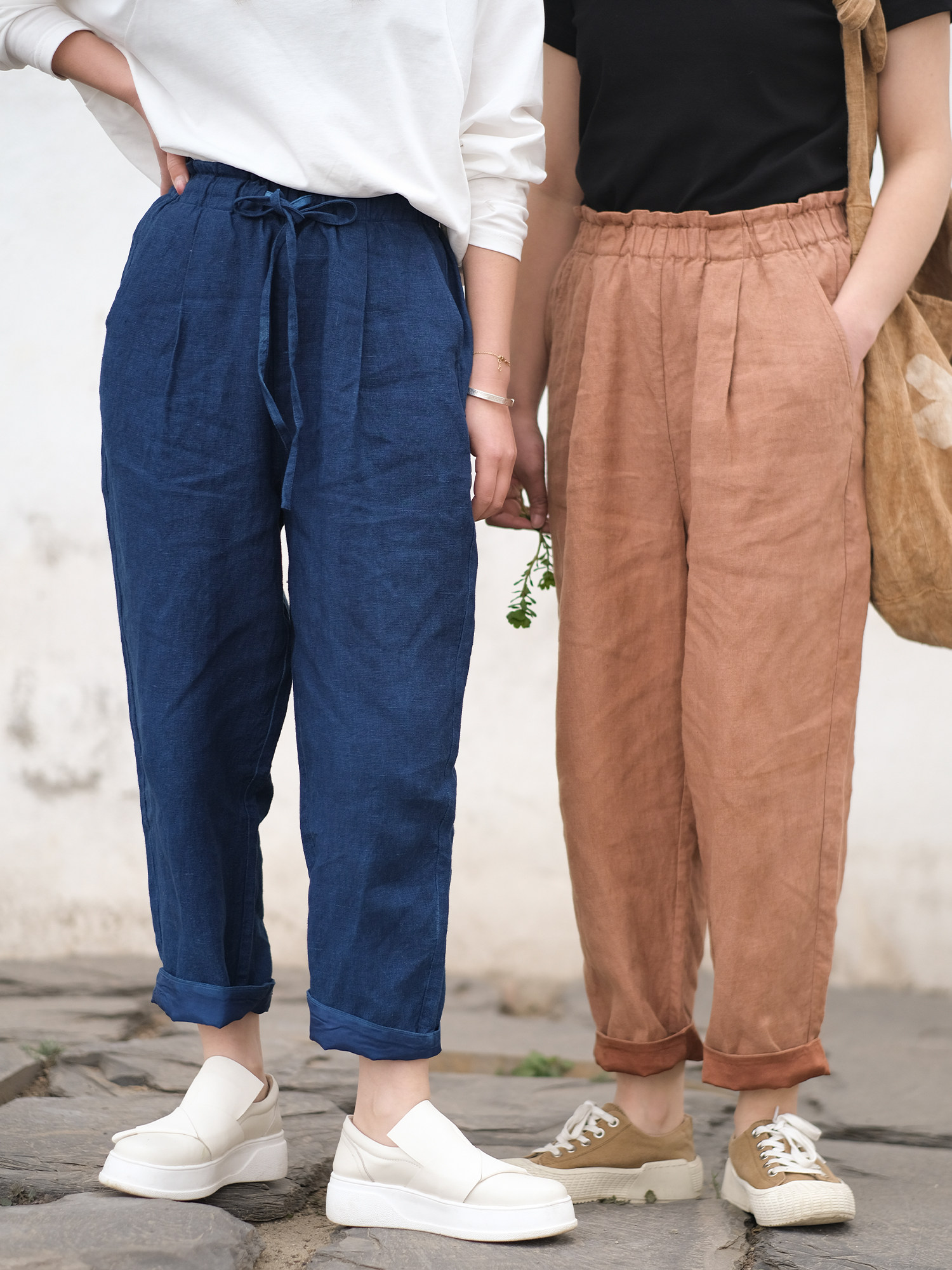 远家松紧腰植物染九分裤脚口拼贴