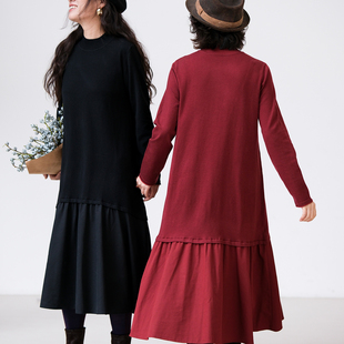 远家高支桑蚕丝羊毛混纺连衣裙基础款 半高领拼接鱼尾裙摆LL5992限