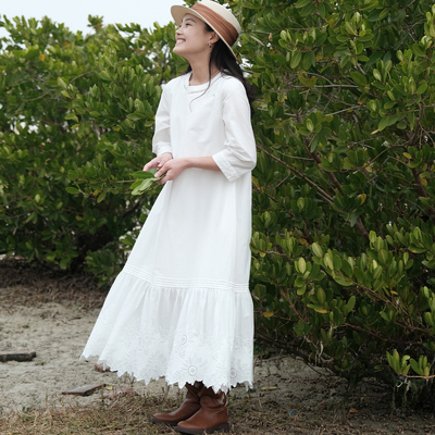 远家纯棉白色连衣裙简约中袖