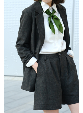 远家原创女装羊毛呢灰绿色西服短裤宽松休闲百搭西裤 春新LF663限