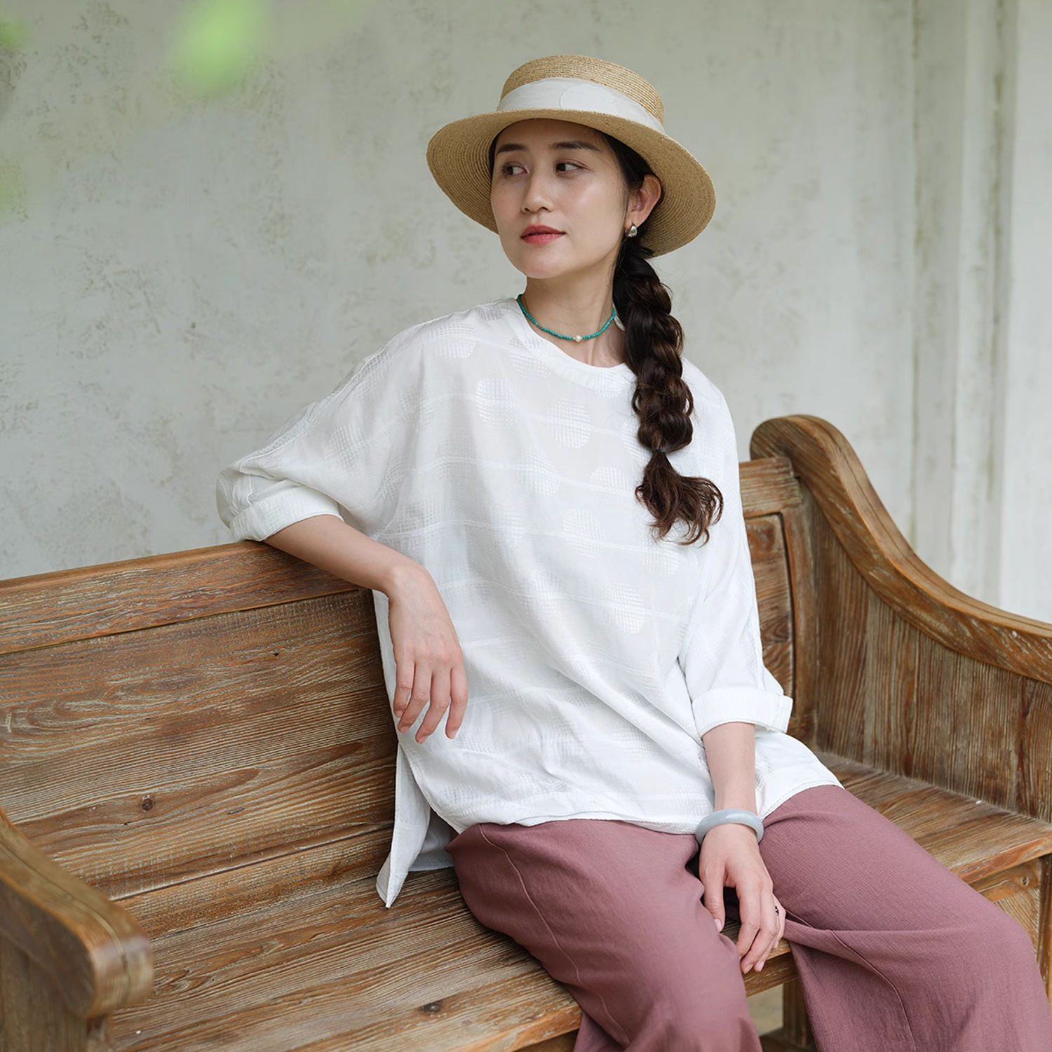 远家亚麻莫代尔波点提花白上衣