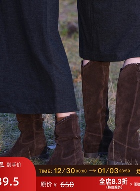 远家丝光牛翻皮内增高靴子 复古磨砂尖头长短筒低跟时装靴W-954限