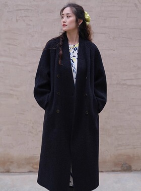 远家纯羊毛双面呢大衣V领高品垂坠长款休闲气质复古外套冬Y-395限