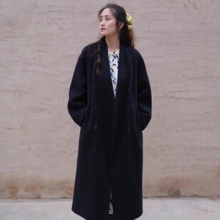 远家纯羊毛双面呢大衣V领高品垂坠长款 395限 休闲气质复古外套冬Y