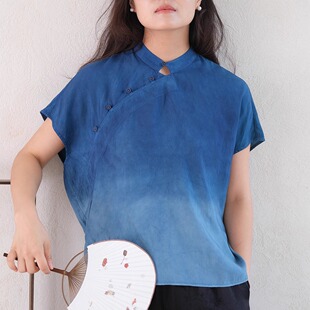 远家植物染蓝染吊染渐变铜氨丝旗袍式 HL5252限量 上衣立领斜襟盖袖