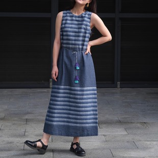 远家日本进口全棉蓝色条纹肌理背心裙 流苏腰带长裙HF5658限量