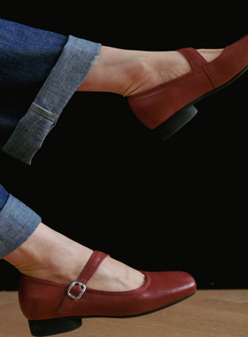 远家植鞣羊皮超柔软红色玛丽珍鞋 浅口圆跟皮鞋 四季鞋W-826限量
