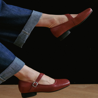 远家植鞣羊皮红色玛丽珍鞋W-826