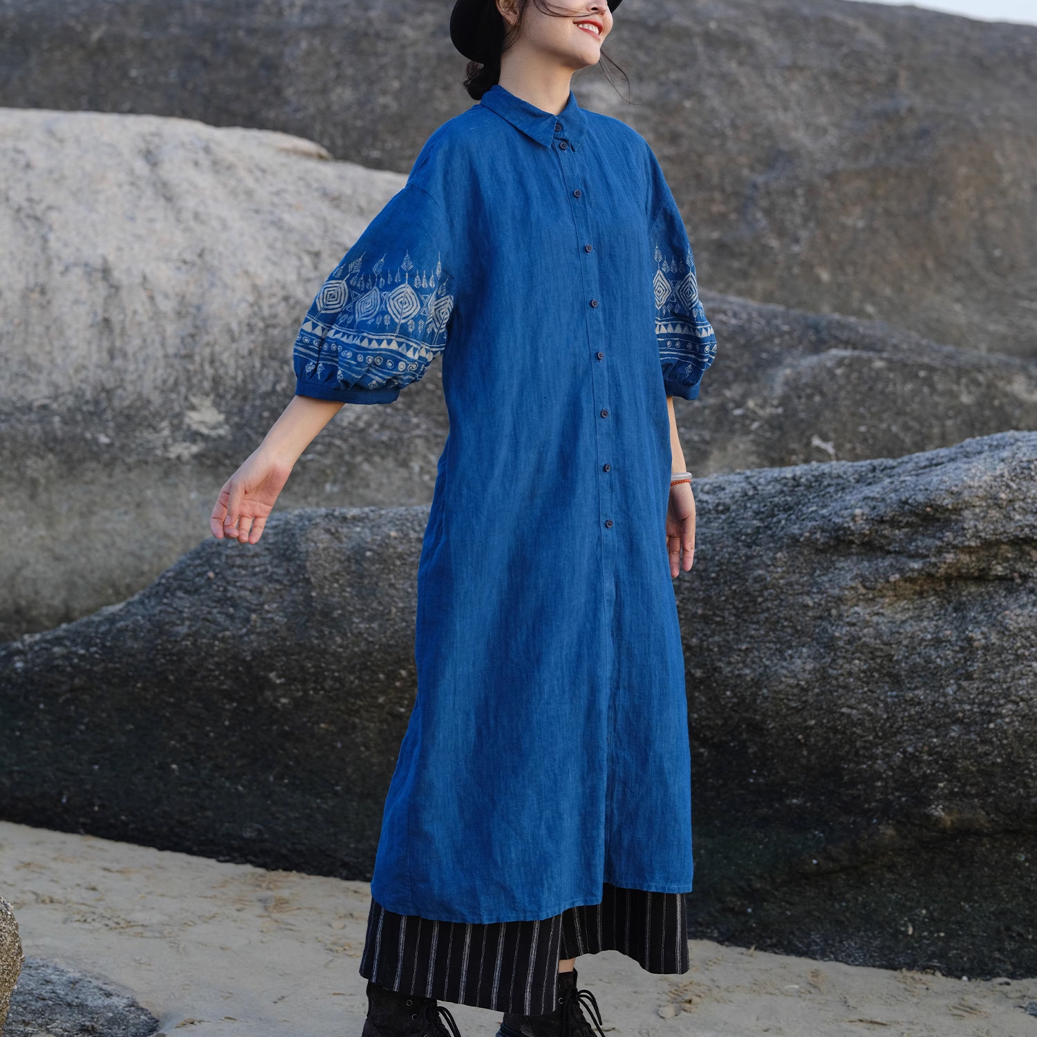 远家蓝染蜡画灯笼袖衬衫连衣裙