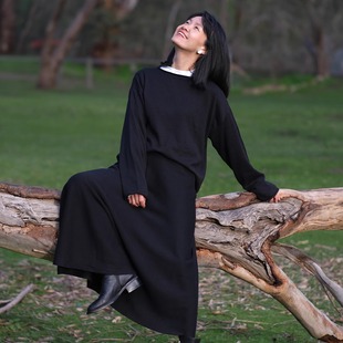 远家黑色针织套装 297限 简约套头卫衣A字伞裙含羊毛松紧腰半身裙Y