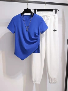 克莱因蓝色T恤女短袖炸街2022夏季新款不规则上衣设计感小众短款