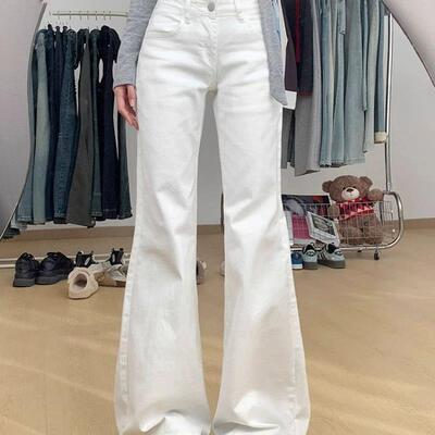 美式高街白色微喇牛仔裤女2025夏季新款低腰阔腿裤垂感显瘦喇叭裤