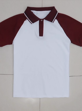 临汾来图定制夏款中小学生白色纯棉校服短袖T恤上衣酒红领POLO衫