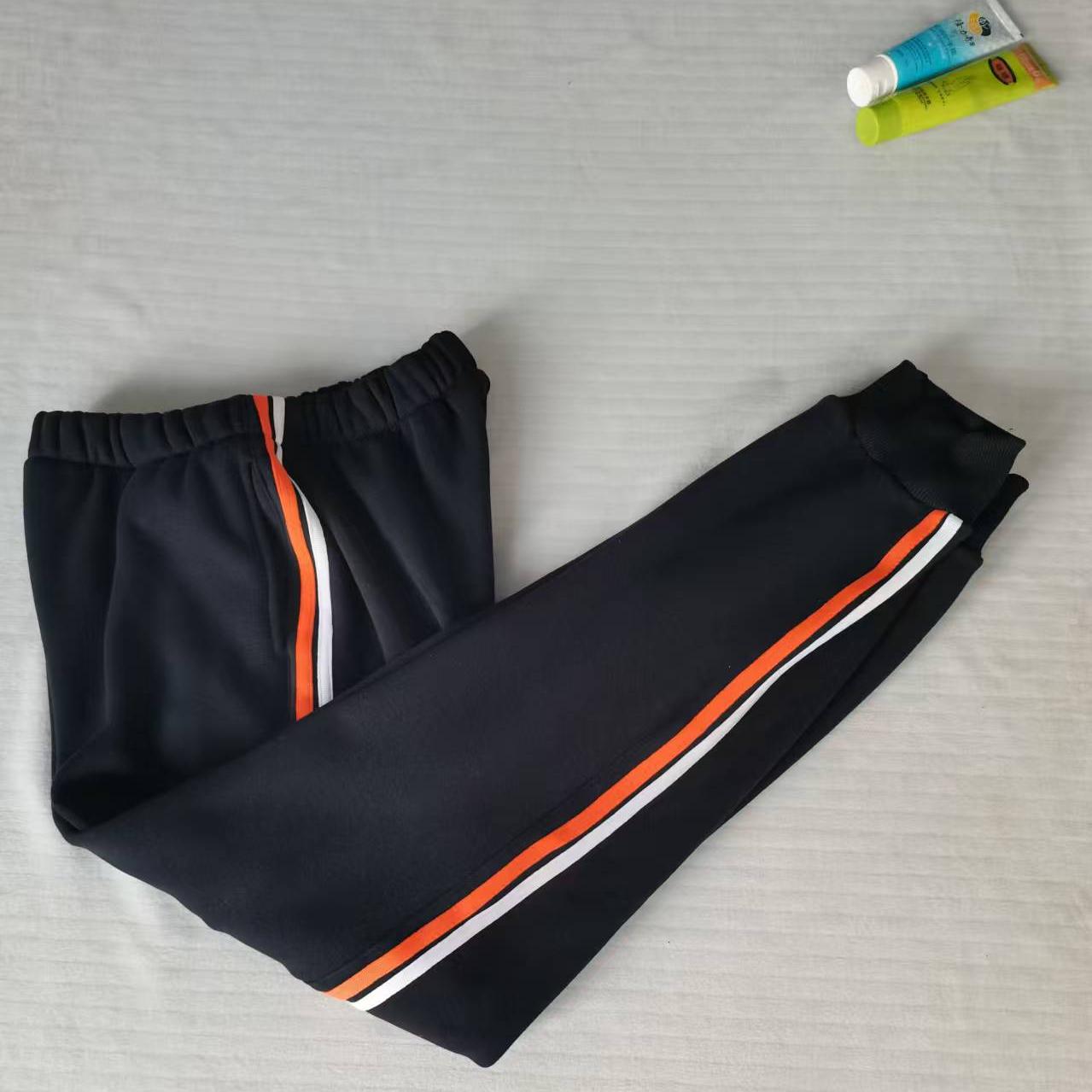 藏蓝色校服裤子定制白前橘后杠杠橙色桔色边条两道杠束脚校裤春款