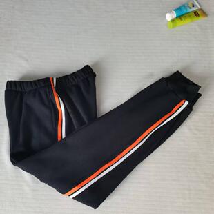 藏蓝色校服裤子定制白前橘后杠杠橙色桔色边条两道杠束脚校裤春款