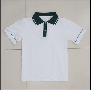 北京通州定制夏款中小学生棉校服短袖T恤上衣墨绿领一白杠POLO衫