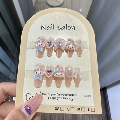 多巴胺立体美乐蒂手工穿戴甲中长款梯学生少女蝴蝶结可爱显白美甲