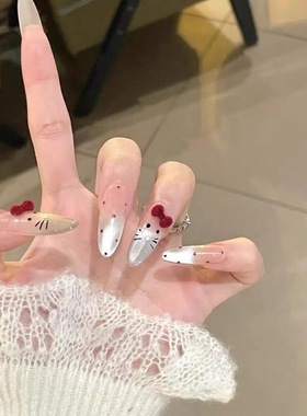 法式可爱红色蝴蝶结ky猫眼手工穿戴甲中长款椭圆学生气质显白美甲
