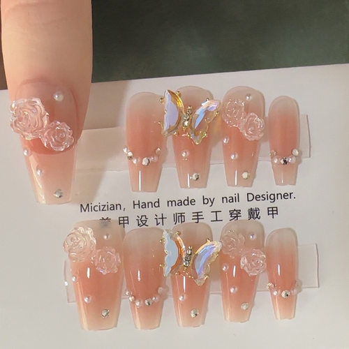 山茶花蝴蝶猫眼高级感钻中长款梯形纯手工穿戴甲珍珠显白温柔指甲