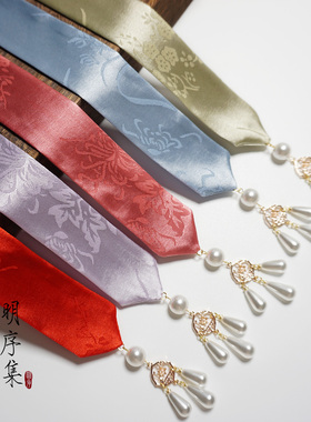 明序集百搭汉服发带古风飘带珍珠吊坠发绳围鬓红色束发绳古装头饰