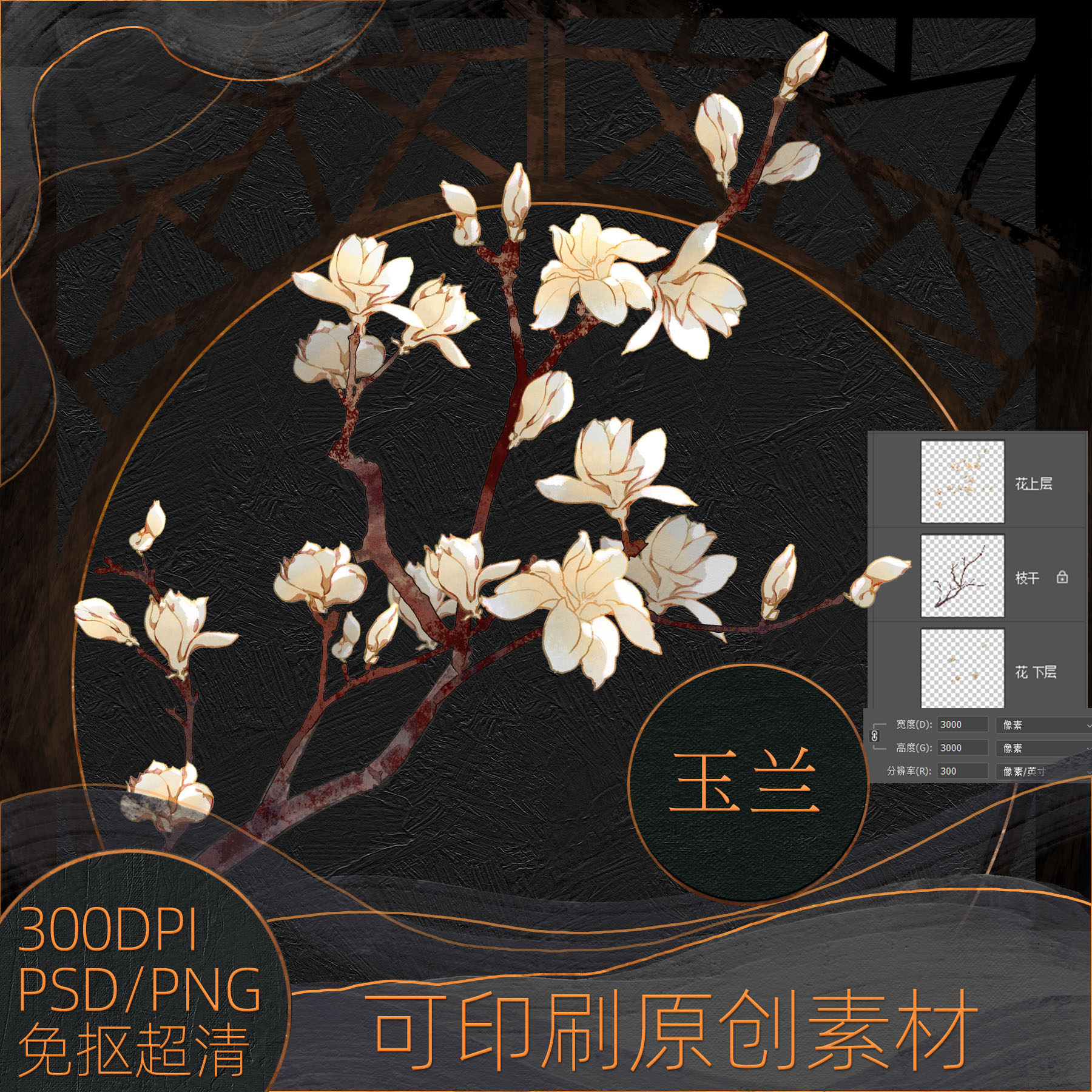 白玉兰原创psd/png免扣300分辨率超高清美工插画设计素材可商用