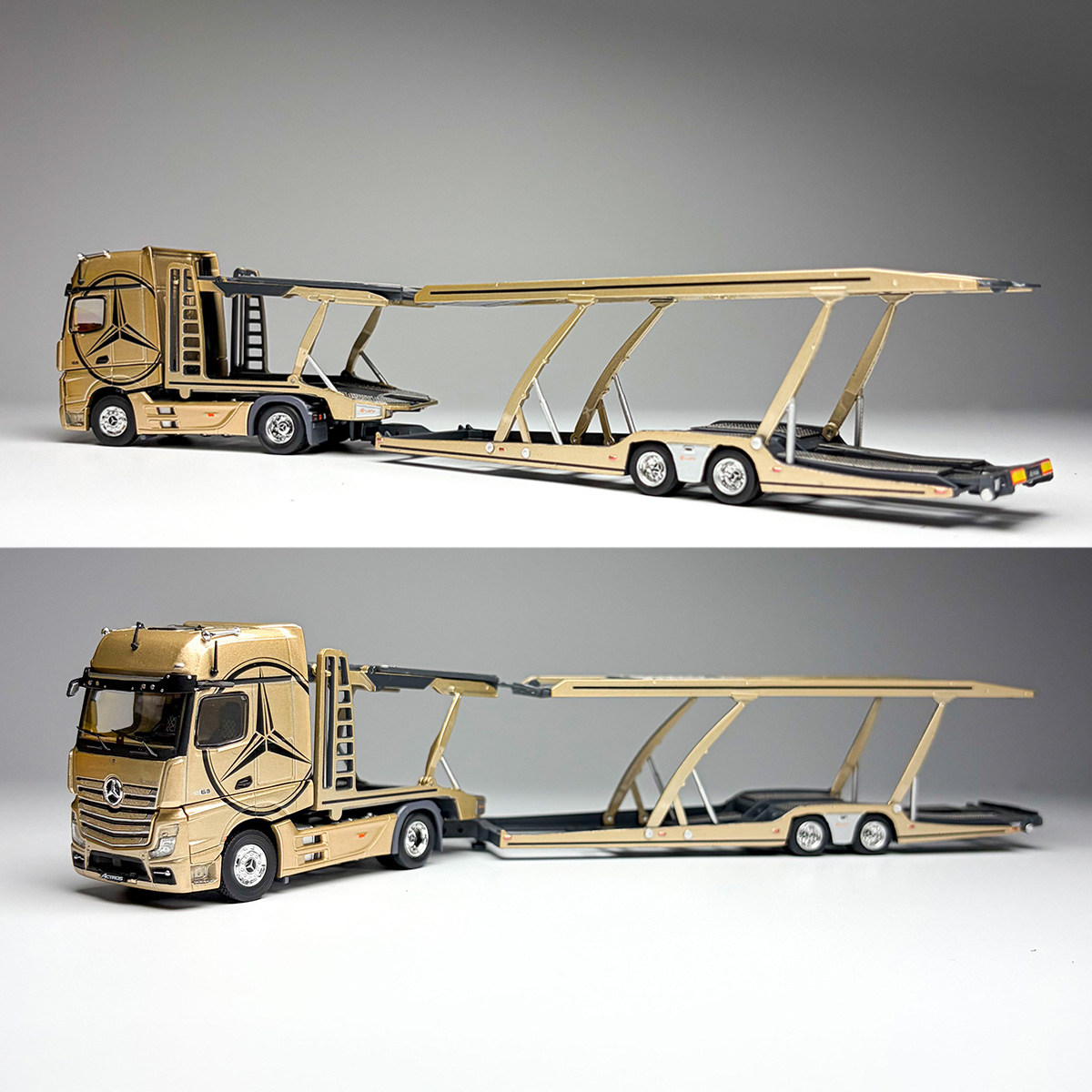 GCD 1:64 奔驰 Actros 重卡 一拖八轿运 金色 合金汽车模型图片