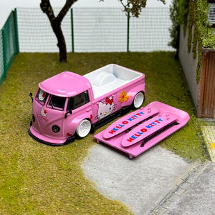 Flame 1:64 大众T1面包宽体皮卡改装HelloKitty 合金汽车模型摆件