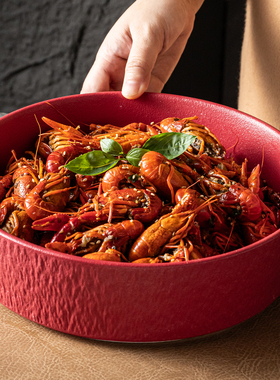 红色陶瓷汤盘大号石纹麻辣小龙虾大容量盘子水煮鱼酸菜鱼汤盆家用