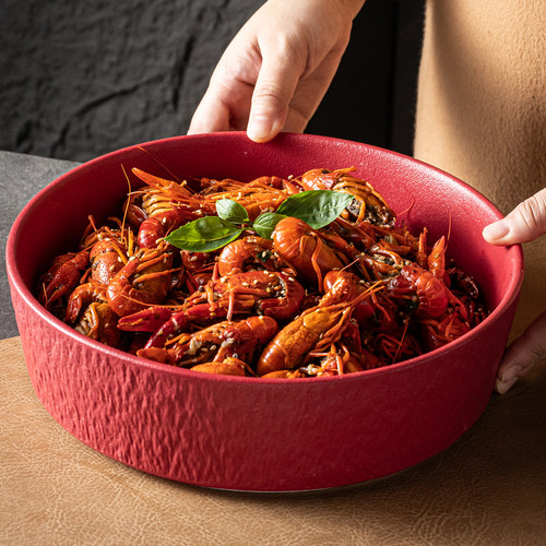 红色陶瓷汤盘大号石纹麻辣小龙虾大容量盘子水煮鱼酸菜鱼汤盆家用
