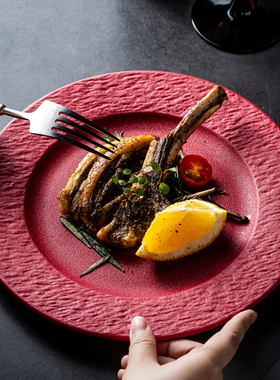 红色陶瓷盘圆盘西餐盘子耐高温家用酒店餐厅专用菜盘牛排盘沙拉盘