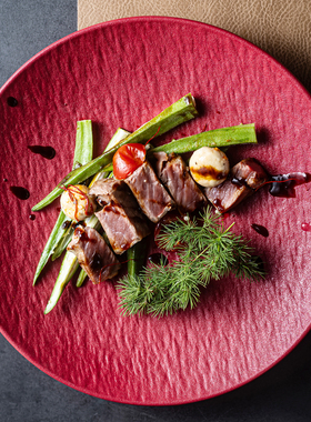 精致红色石纹陶瓷深盘菜盘子创意餐厅沙拉盘饭盘陶瓷大号汤盘