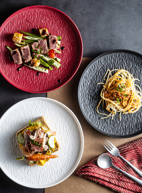 创意餐厅沙拉盘饭盘简约家用盘牛排盘红色圆形菜盘子陶瓷大号盘子