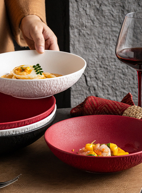 创意餐具红色喜庆意面盘圆形深盘汤盘大号陶瓷盘商用西餐盘沙拉盘