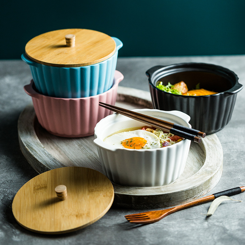 北欧泡面碗带盖创意双耳碗拉面碗