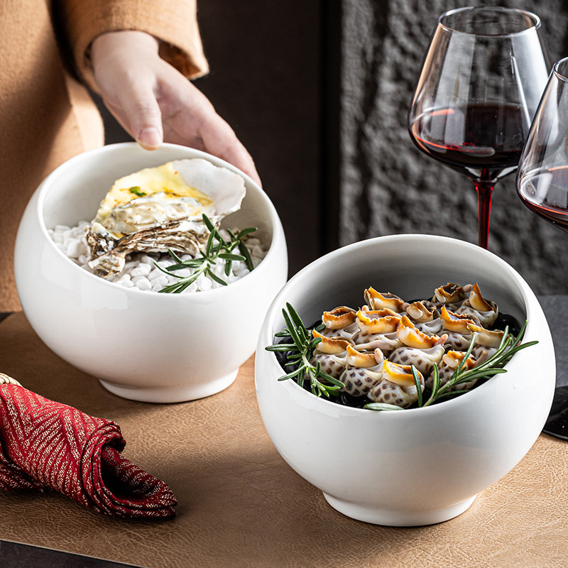 球形碗海鲜碗凉拌菜碗潮汕生腌海鲜酒料配菜碗陶瓷纯白色简洁餐具