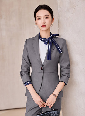 灰色职业套装女酒店前台工装接待售楼部房产销售珠宝金店工作服秋