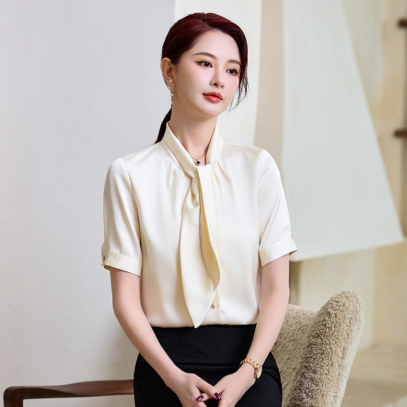飘带短袖衬衫女夏季洋气时尚职业衬衫