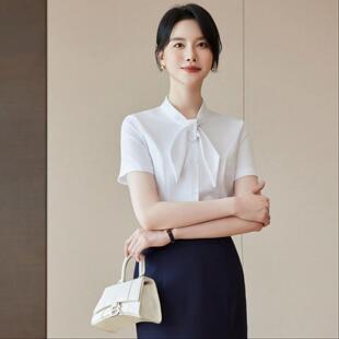 职业白色衬衫裙子套装女工装夏蝴蝶结气质短袖前台会务客服工作服