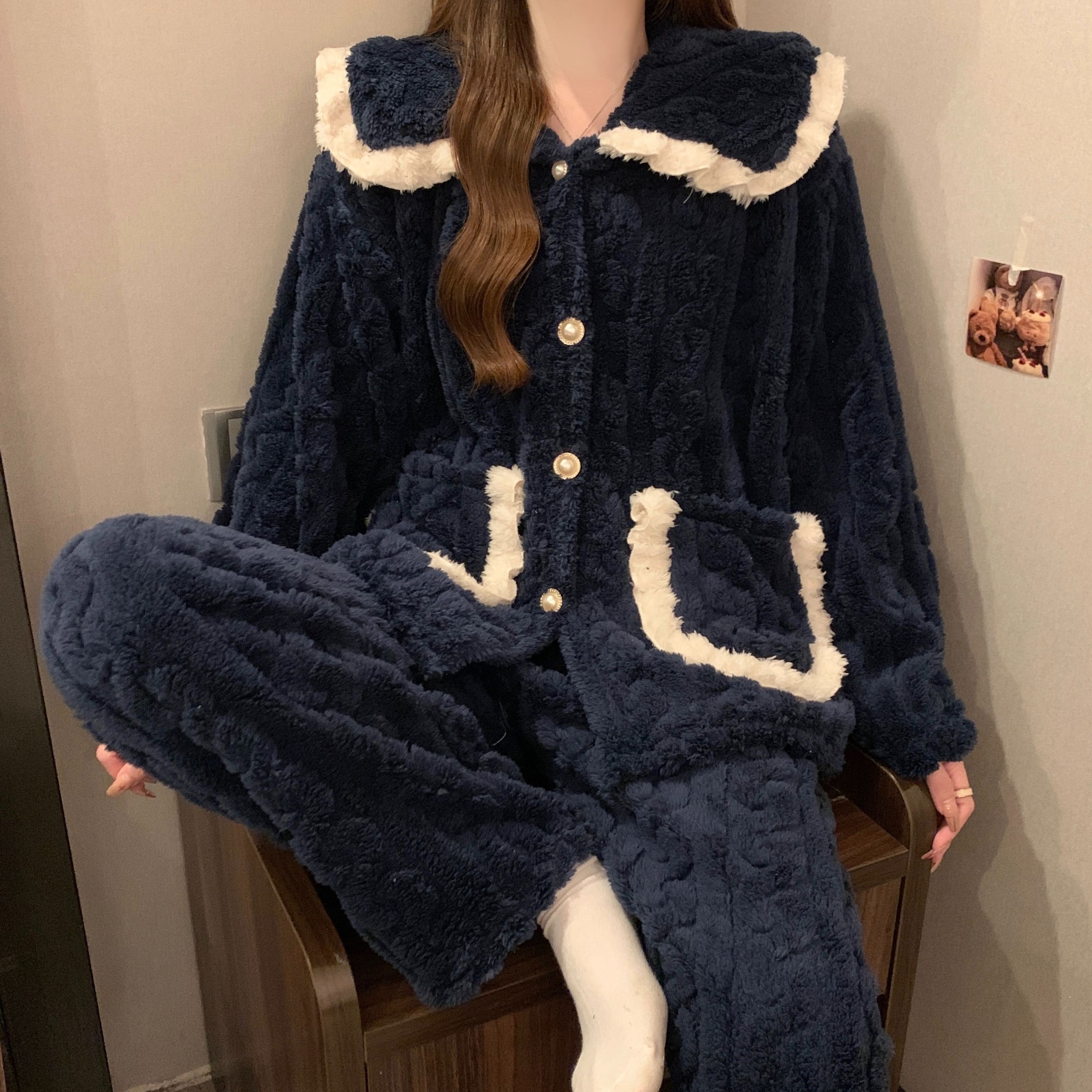 秋冬季新款珊瑚绒睡衣女加绒加厚公主风甜美法兰绒保暖家居服套装