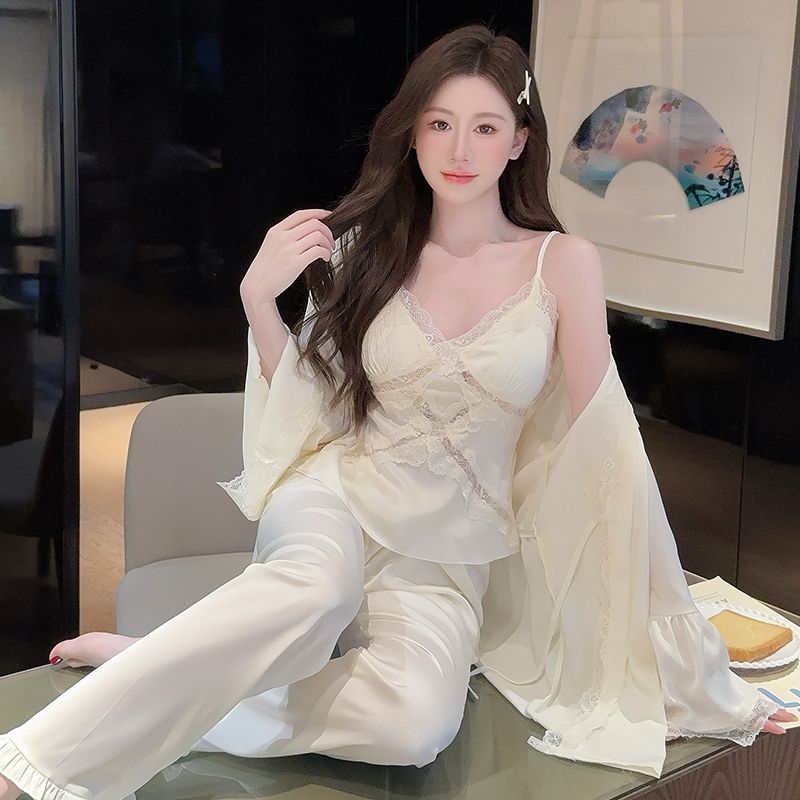 性感纯欲风冰丝睡衣女带胸垫吊带长裤睡袍三件套春秋季新款家居服