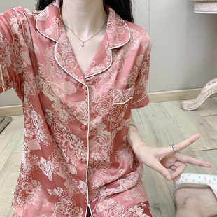 牡丹花卉仿真丝家居服三件套装 夏季 甜美时尚 新款 冰丝睡衣女士短袖