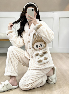 网红同款珊瑚绒睡衣女秋冬季新款甜美休闲加厚加绒保暖家居服套装