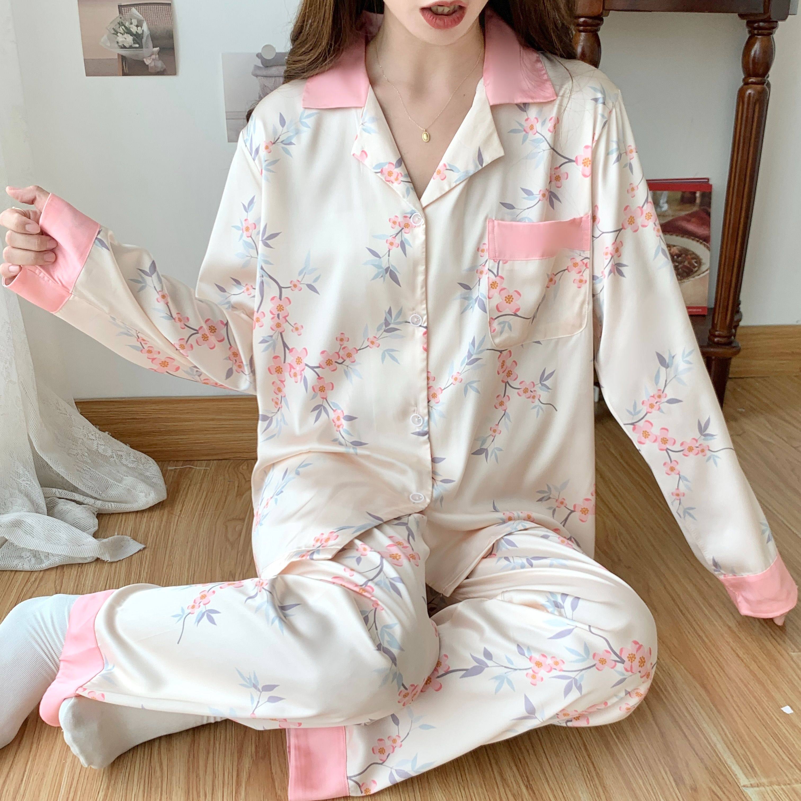 春秋季新款冰丝睡衣女长袖长裤甜美花卉时尚仿真丝开衫家居服套装,女士内衣/男士内衣/家居服,睡衣/家居服套装,淘宝优惠券,粉丝福利购,淘宝优惠卷