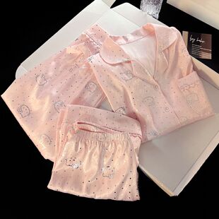 粉色KT猫卡通烫银冰丝睡衣女款夏季新款短袖三件套甜美可爱家居服