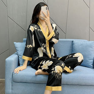 国潮黑色家居服套装 冰丝薄款 夏可外穿 高级感睡衣女春秋季 2026新款