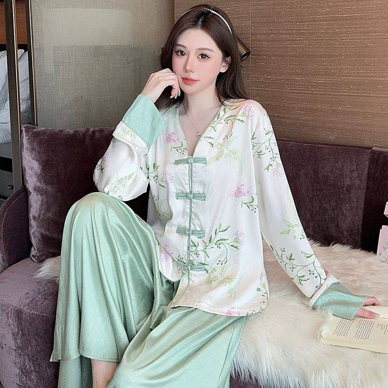 新中式冰丝睡衣女春秋季新款长袖裤裙套装高颜值国风冰雪丝家居服,女士内衣/男士内衣/家居服,睡衣/家居服套装,淘宝优惠券,粉丝福利购,淘宝优惠卷