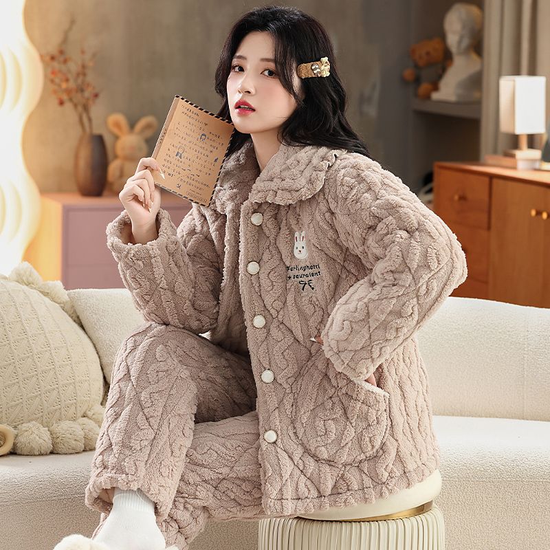 新款睡衣女秋冬季三层夹棉袄加绒加厚保暖珊瑚绒开衫家居服冬套装