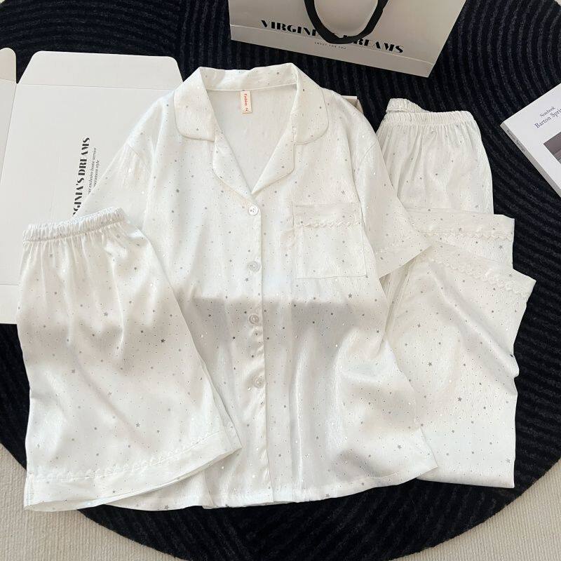 冰丝睡衣女士白色满天星短袖轻奢时尚夏季新款冰雪丝家居服三件套图片