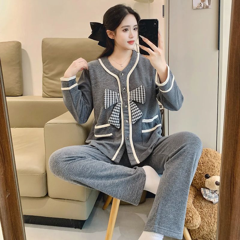 带胸垫睡衣女秋冬季新款深灰色蝴蝶结开衫时尚轻奢保暖家居服套装